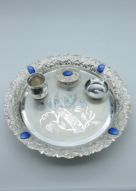 925 Silver Floral Pooja Thali Set with Kumkum Box