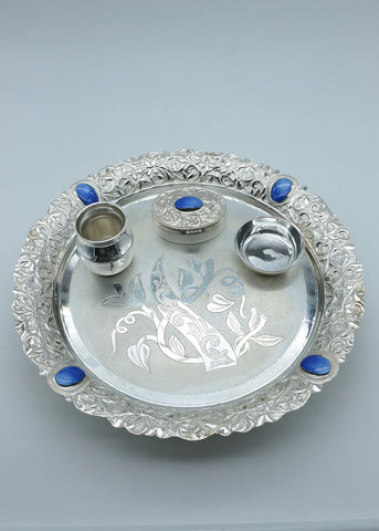 925 Silver Floral Pooja Thali Set with Kumkum Box
