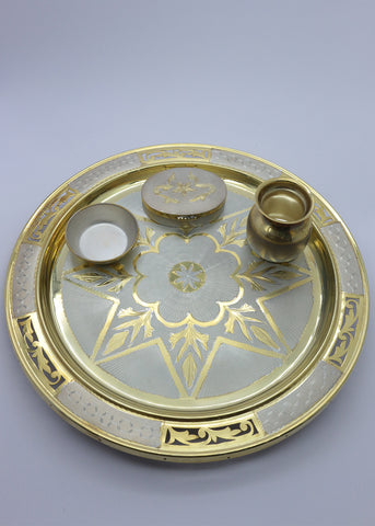 925 Silver Gold Finish Pooja Thali Set for Mandir