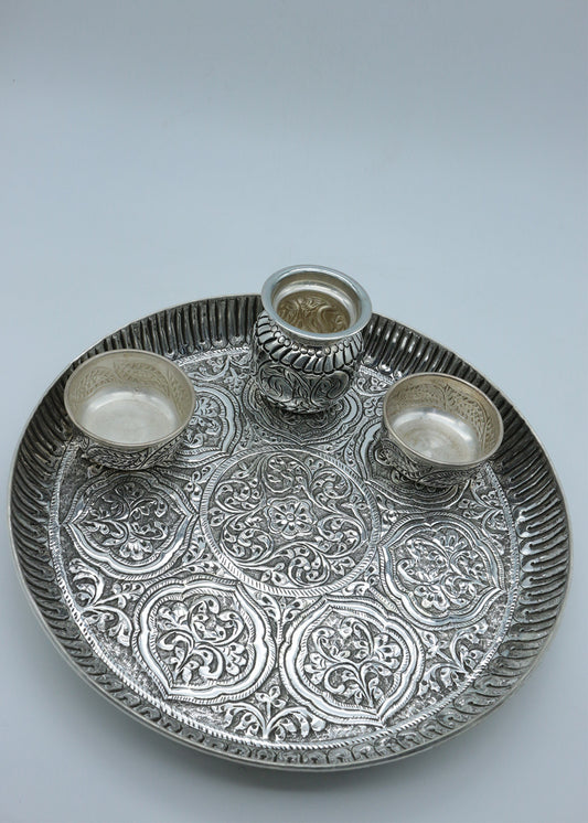 925 Silver Engraved Pooja Thali Set with Kalash