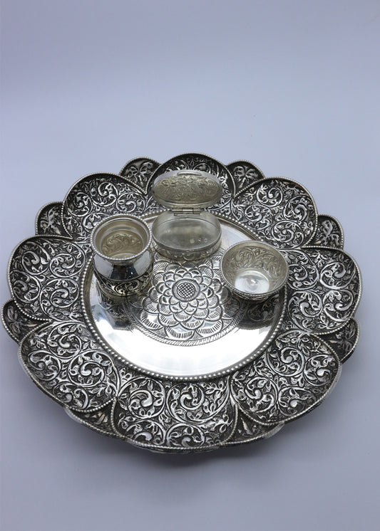 925 Silver Floral Designer Pooja Thali Set