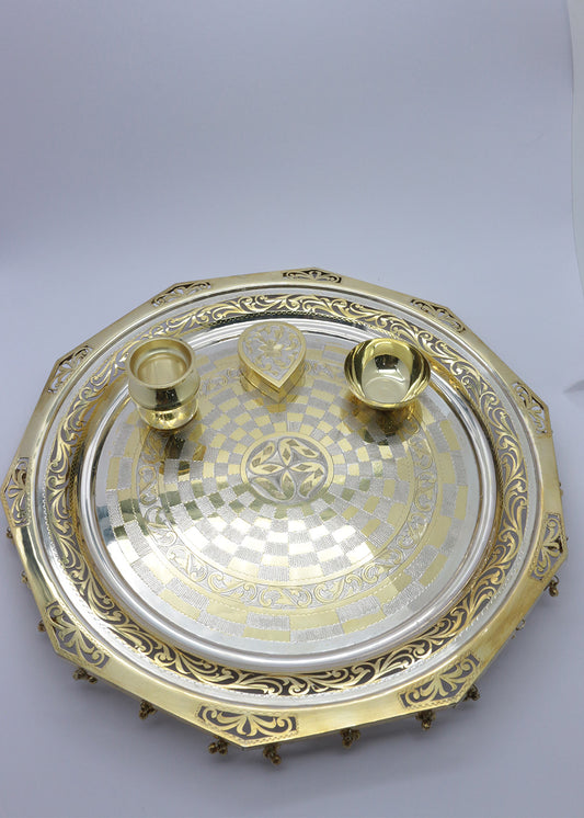 925 Silver Gold Finish Designer Pooja Thali Set