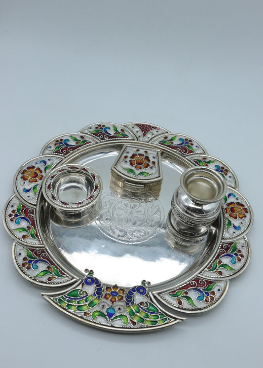 925 Silver Meenakari Peacock Pooja Thali Set