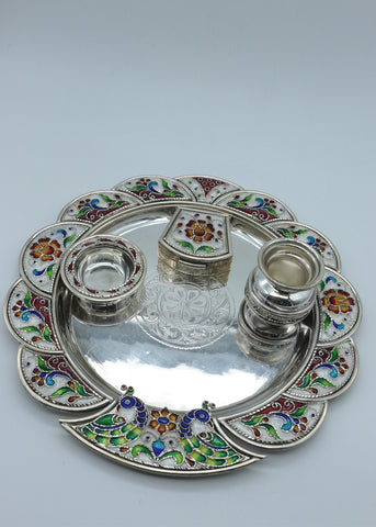 925 Silver Meenakari Peacock Pooja Thali Set
