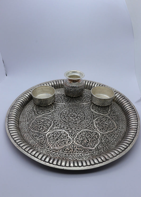 Silver Pooja Thali Set with Kalash for Religious Rituals