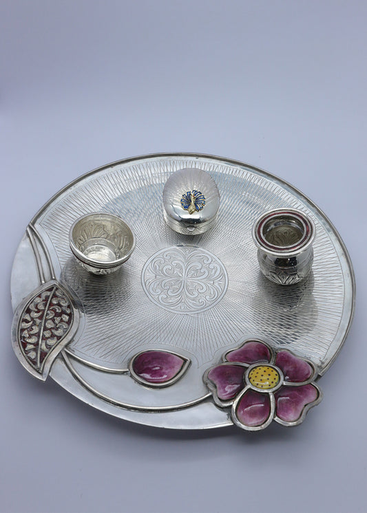 925 Silver Floral Meenakari Pooja Thali Set
