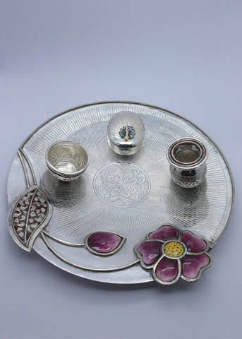 925 Silver Floral Meenakari Pooja Thali Set