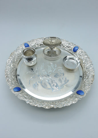 925 Silver Blue Stone Pooja Thali Set