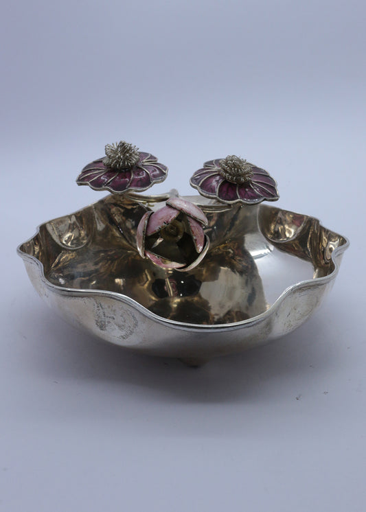 Silver Floral Decorative Fruit Bowl with Pink Enamel Flowers
