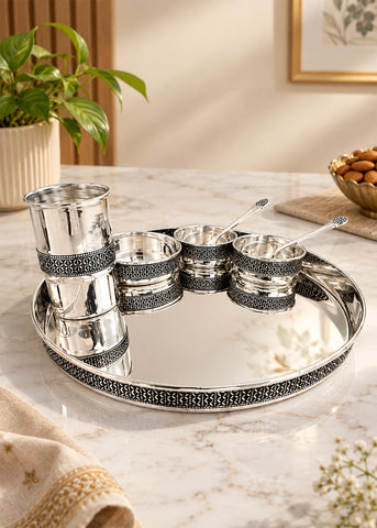 Decorative Silver Serving Tray with Bowl Set