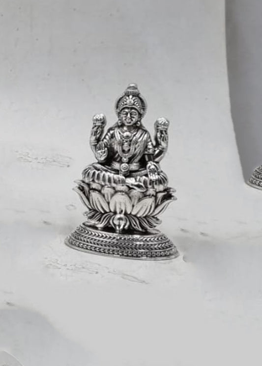 Silver Goddess Lakshmi Idol Seated on Lotus