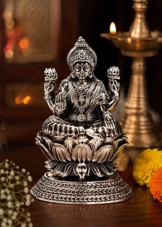 Silver Goddess Lakshmi Idol Seated on Lotus