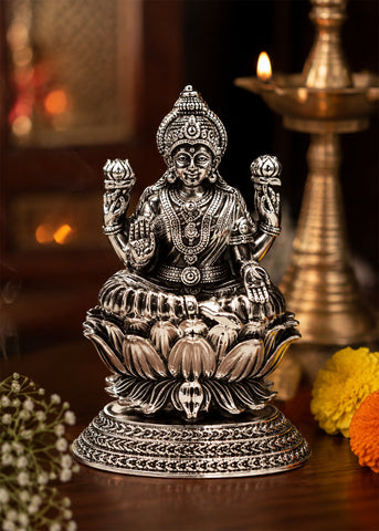 Silver Goddess Lakshmi Idol Seated on Lotus