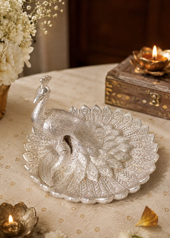 Silver Peacock Decorative with Feather Design