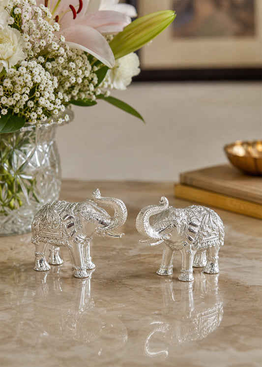 Intricately Carved Silver Elephant Pair
