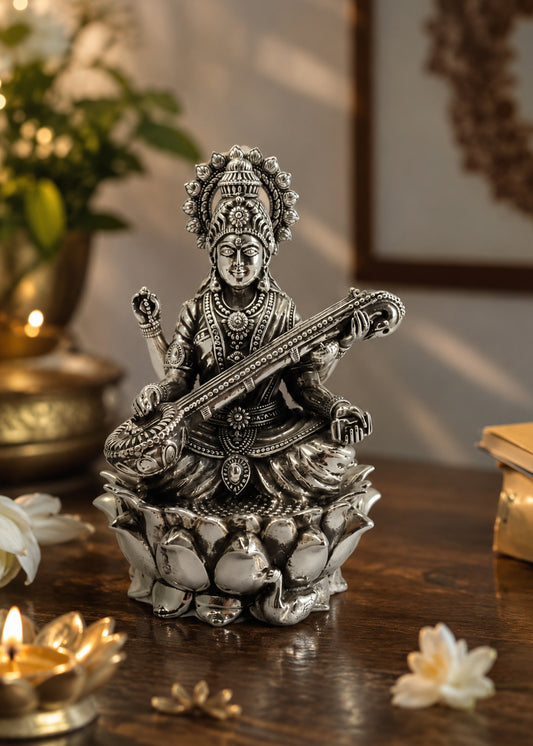 Divine Silver Saraswati Idol for Pooja