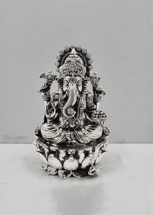Silver Ganesha Statue with Crown & Modak Bowl