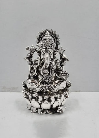 Silver Ganesha Statue with Crown & Modak Bowl