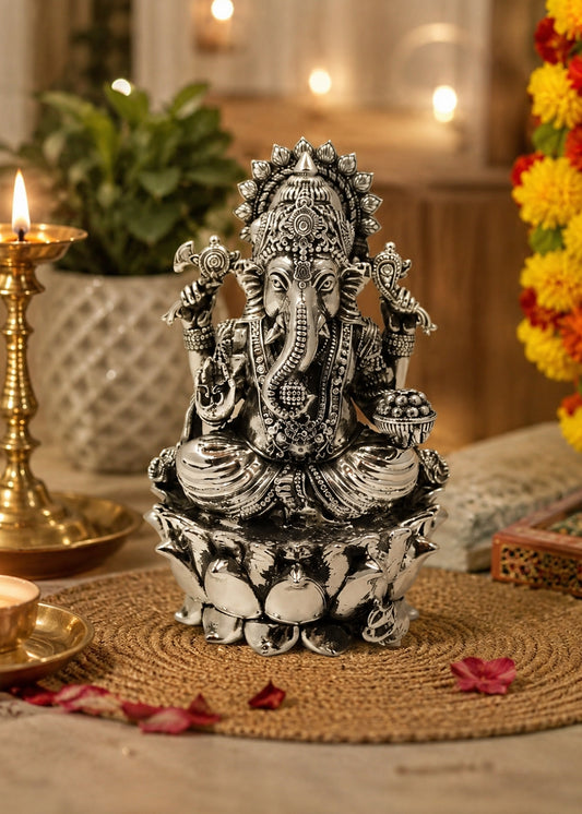Silver Ganesha Statue with Crown & Modak Bowl