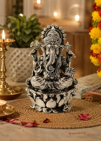 Silver Ganesha Statue with Crown & Modak Bowl