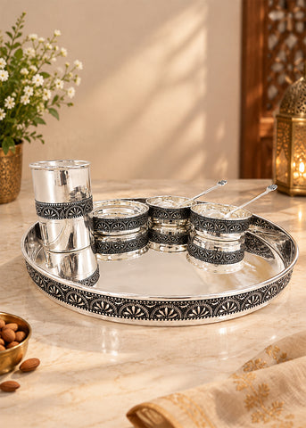 Silver Floral Serving Tray Set with Bowls