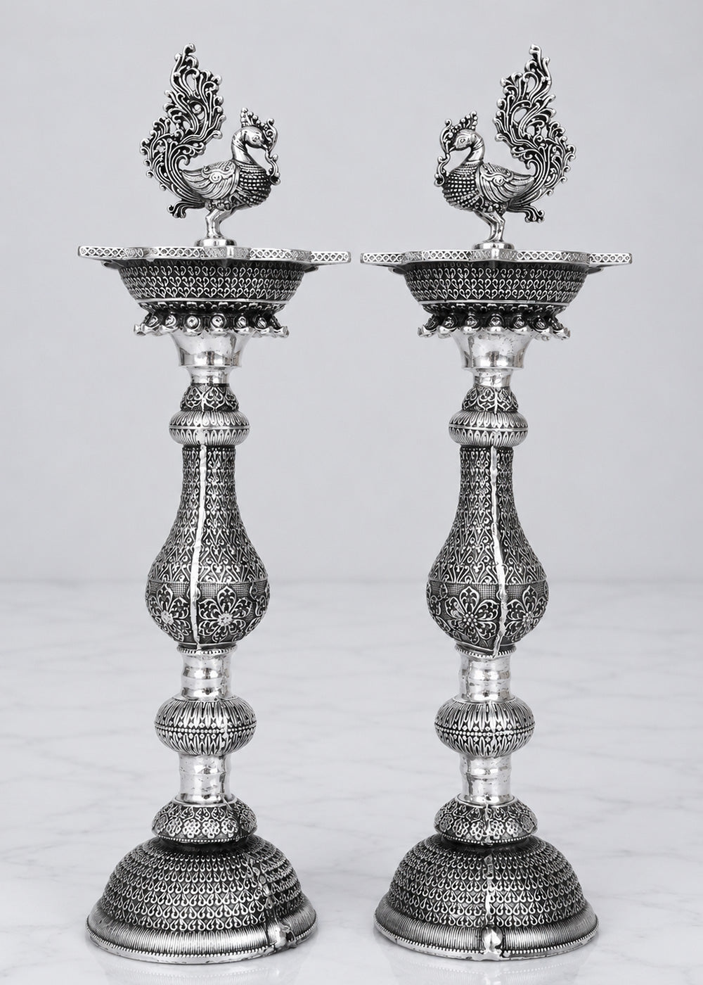 Premium Silver Plated Brass Peacock Deepak Stand Set