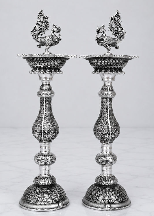 Premium Silver Plated Brass Peacock Deepak Stand Set