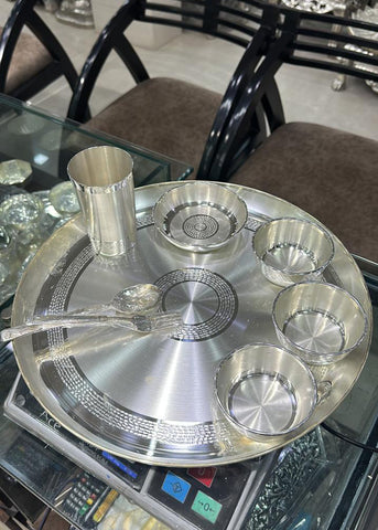 Classic Silver Thali with Bowls & Spoon Set