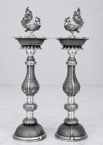 Premium Silver Plated Brass Peacock Deepak Stand Set