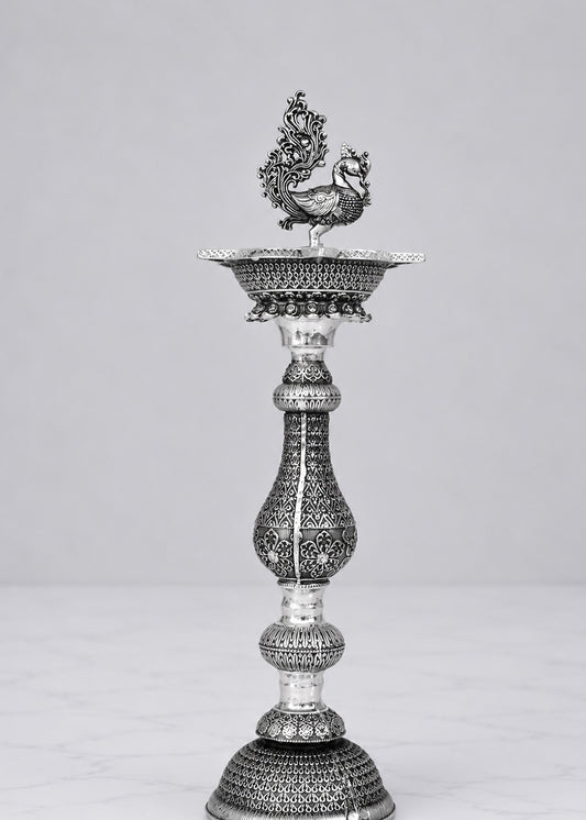Premium Silver Plated Brass Peacock Deepak Stand Set