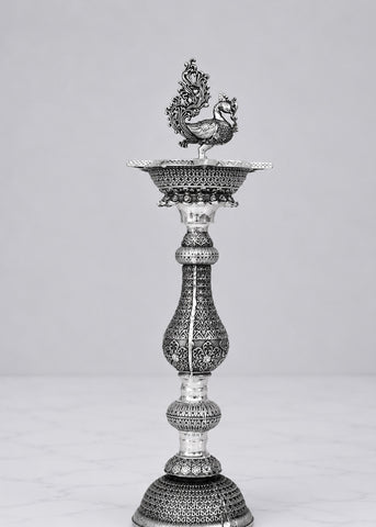 Premium Silver Plated Brass Peacock Deepak Stand Set