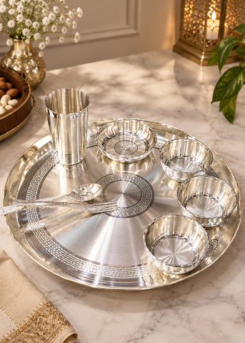 Classic Silver Thali with Bowls & Spoon Set