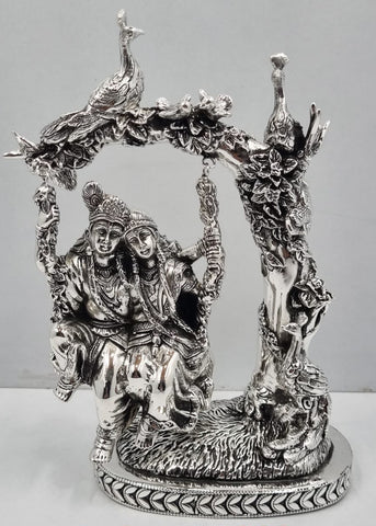 Ornate Silver Radha Krishna Swing Statue