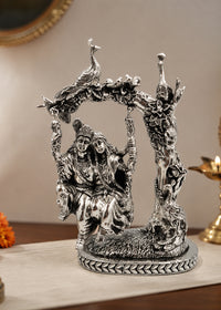 Ornate Silver Radha Krishna Swing Statue