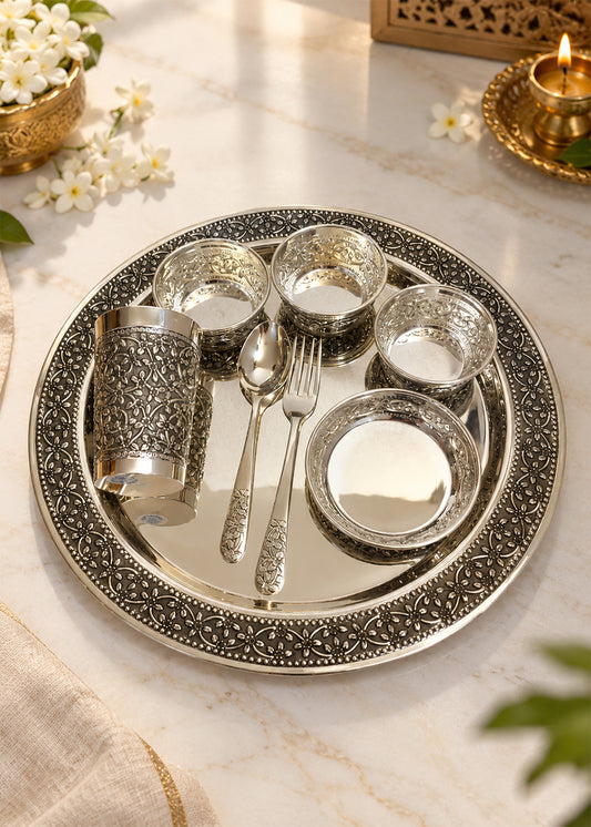 Royal Floral Silver Dinner Thali Set