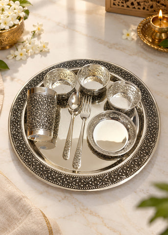 Royal Floral Silver Dinner Thali Set