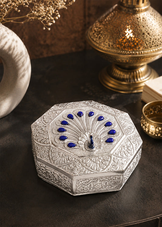 Artisan Silver Peacock Dry Fruit Box