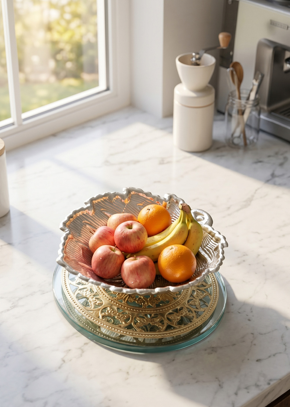 Decorative SILVER Fruit Bowl with Glass Base Stand for Kitchen & Dining