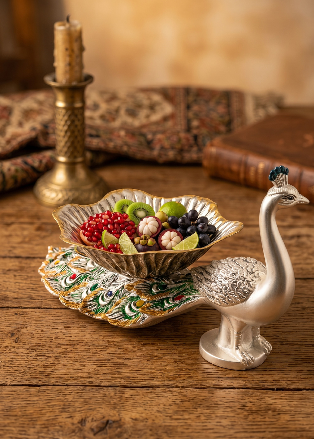 Silver Peacock Design Fruit Bowl with Decorative Base for Home Décor