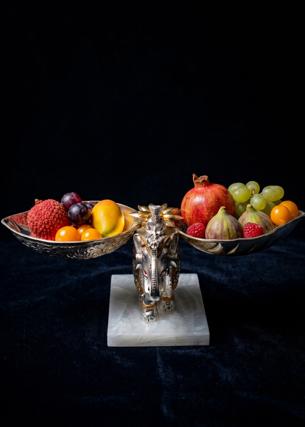 Silver Elephant Double Bowl Fruit Stand with Marble Base