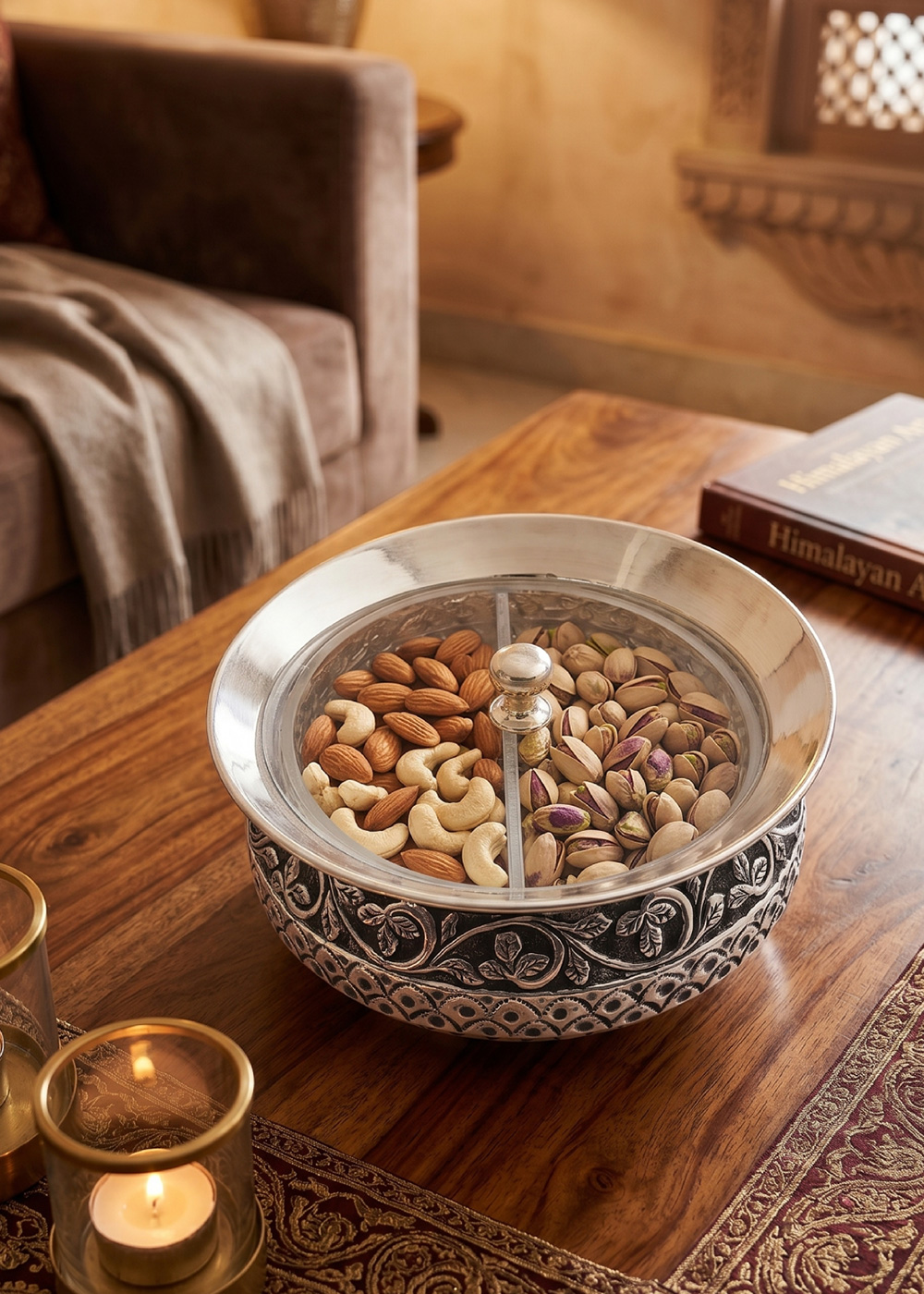 Silver Finish Dry Fruit Box with 2 Sections