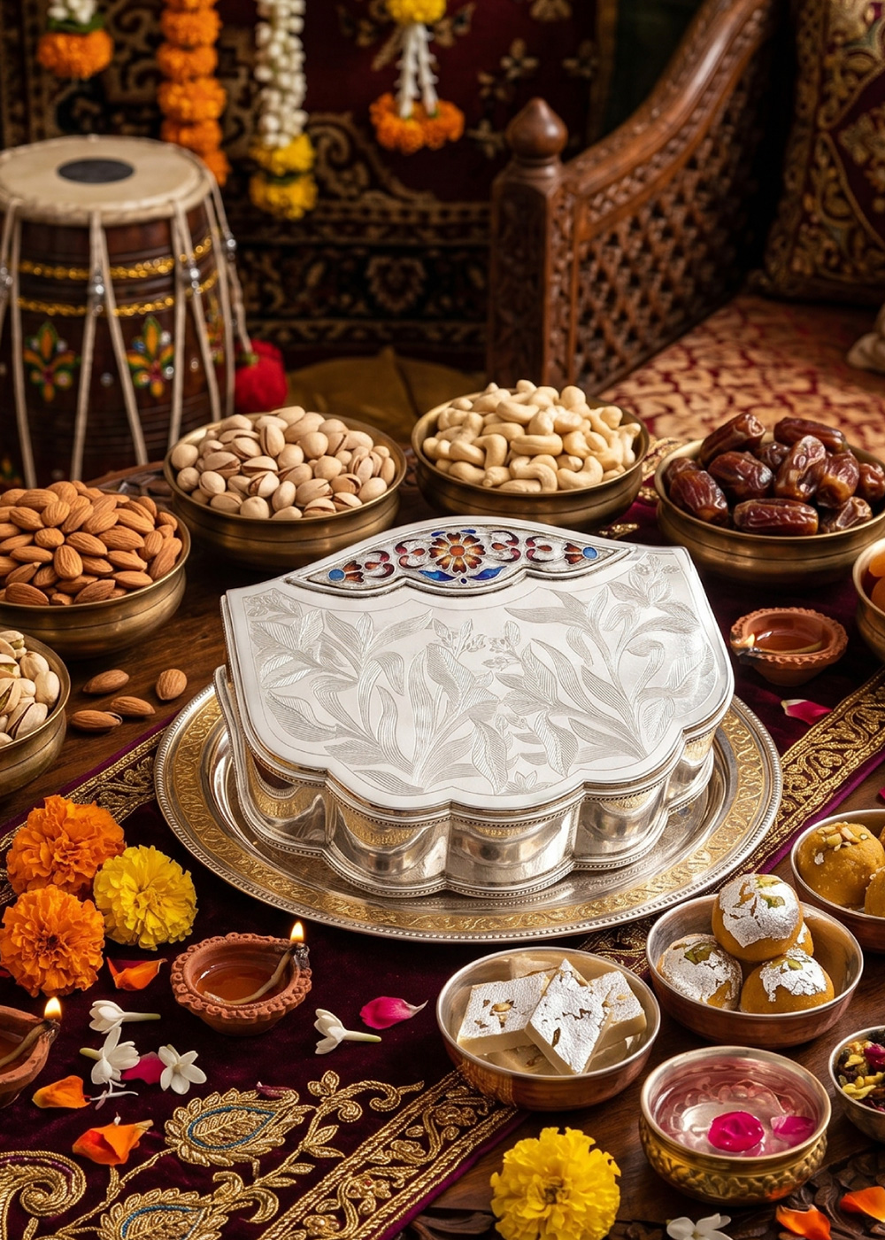 Silver Dry Fruit Box with Floral Engraved